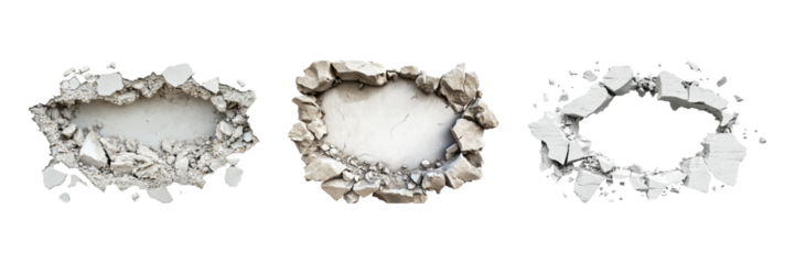 Three Cracked Wall Holes Set. Construction And Demolition Concept Collection Isolated On Transparent Background