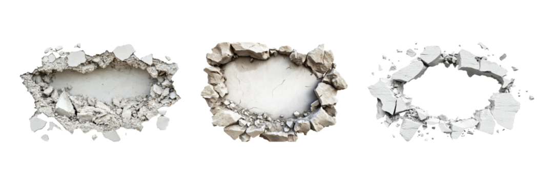 Three Cracked Wall Holes Set. Construction And Demolition Concept Collection Isolated On Transparent Background