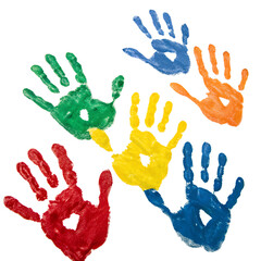 Colorful handprints, a vibrant pattern of children's painted palms and fingerprints, create a joyful art illustration