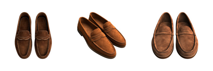 Brown Suede Loafers Collection. Classic Men'S Footwear Style Set Isolated On Transparent Background
