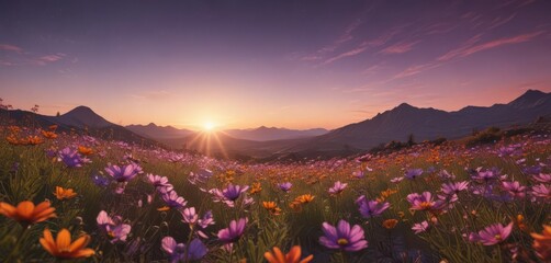Sun-drenched cosmos, purple and orange hues, stretching to the horizon ,  photography,  light,  meadow