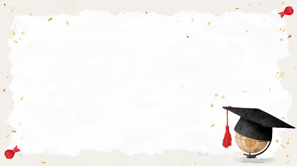 Torn White Paper Border Framing Graduation Cap on Globe Icon with Red Tassel, Gold Foil Confetti on Off-White Flatlay Composition for International Education Designs. 