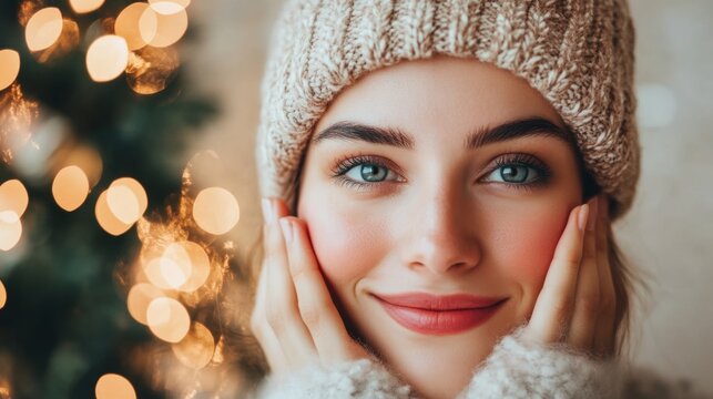 Close-up of a Smiling Woman in Winter Hat with Soft Bokeh Lights Behind Her