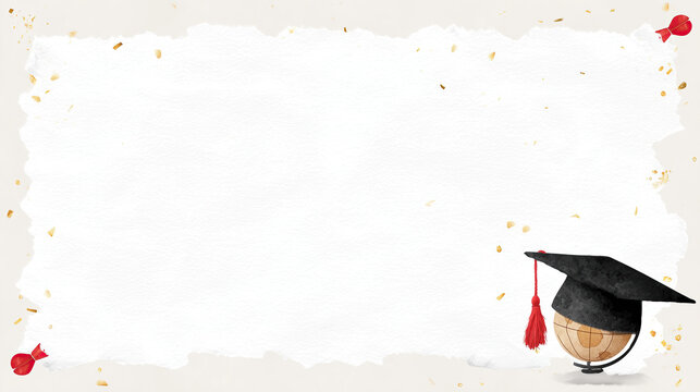 Torn White Paper Border Framing Graduation Cap on Globe Icon with Red Tassel, Gold Foil Confetti on Off-White Flatlay Composition for International Education Designs. 