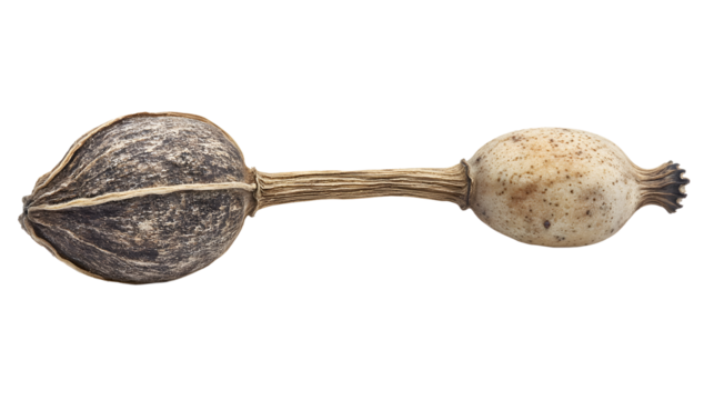 Two poppy seed pods, one dried and brown, the other lighter with speckles, showcasing the beauty of nature.