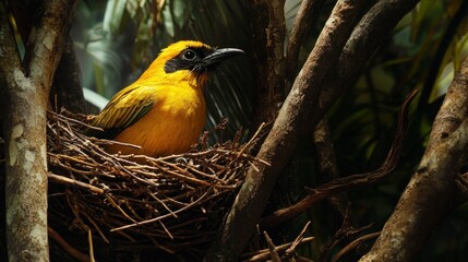 Rare Bowerbird bird is building its nest in the forest, background wallpaper AI generated image