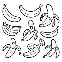 Line art illustration of multiple bananas in various orientations, perfect for food, fruit, and grocery-related designs or projects.