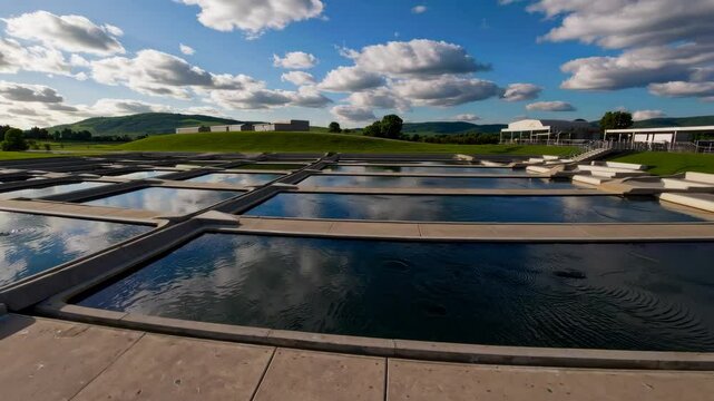 Scenic water treatment facility with rolling clouds and reflective ponds in green landscape