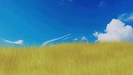 青空と風に揺れる草原の3Dイラスト