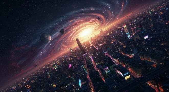 High-orbit satellite perspective of Earth being torn apart, massive swirling vortex replacing the core, data overlays and signal noise on screen, sci-fi HUD elements