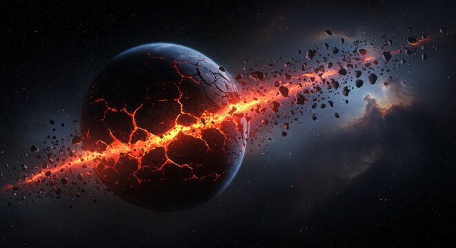 High-orbit satellite perspective of Earth being torn apart, massive swirling vortex replacing the core, data overlays and signal noise on screen, sci-fi HUD elements