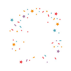 Colorful confetti and star shapes scattered in circular pattern on transparency background