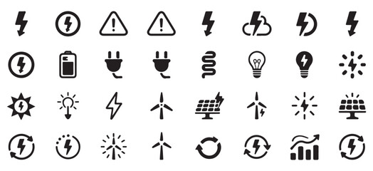 Collection of energy-related icons including electricity, battery, solar, wind power, and recycling symbols, ideal for renewable energy, technology, and sustainability projects.