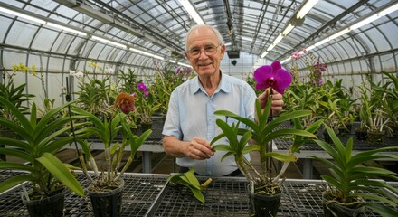 Obraz premium Orchid enthusiast in a greenhouse