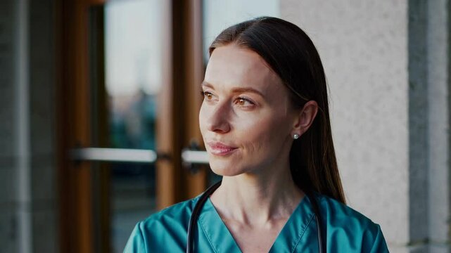 Confident healthcare professional in uniform in calm outdoor setting