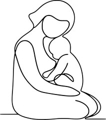 An unbroken line art piece depicting a mother and child, stroke one line, single line minimalist
