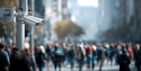 Obraz premium Security camera with faces of people on the screen in a busy city environment, capturing urban life and modern surveillance