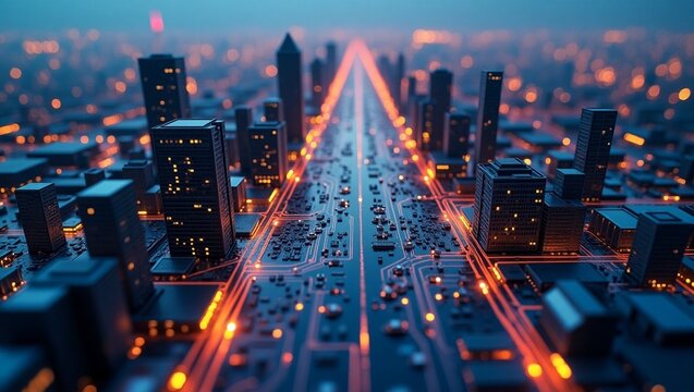 Top-Down View of Circuit Board City Skyline Merging Technology and Urban Business Infrastructure
