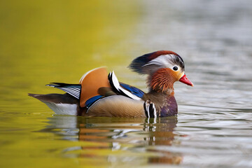 Stunning Mandarin Duck (Aix galericulata) Swimming on Tranquil Lake in Golden Hour Light.