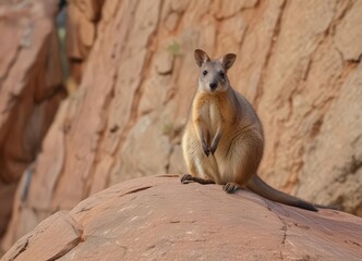 Agile rock wallaby perched on sandstone outcrop, australian, arid
