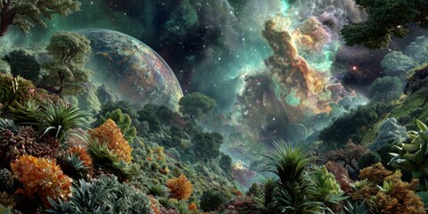 Obraz premium Vibrant Extraterrestrial Landscape with Lush Vegetation and Celestial Elements Under a Starry Sky