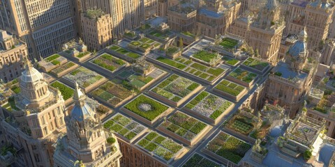 Fototapeta premium Aerial View of Urban Rooftop Gardens Surrounded by Tall Buildings in a Modern Cityscape