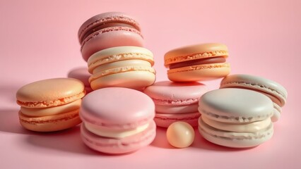 Fototapeta premium Pastel macarons cascade on pink