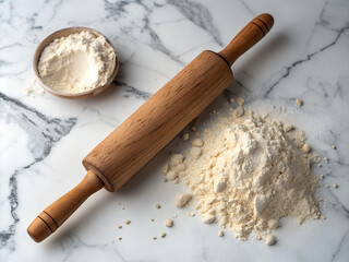 Rolling pin and flour on the kitchen table for baking ai generated