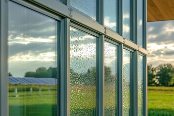 Architectural Digest-style shot of passive house with triple-glazed windows reflecting solar farm and self-cleaning nanocoatings showing water bead effect