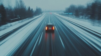 Fototapeta premium Snowy highway, car moving