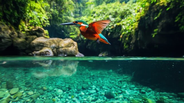 The rare Marquesan kingfisher soars above the crystal clear river, background wallpaper AI generated image