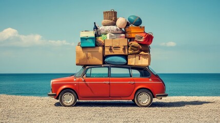 Fototapeta premium A vintage car packed for a vacation. Lots of colorful luggage on the rooftop. Beachside