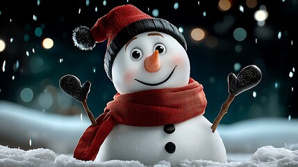 there is a snowman that is wearing a red scarf and a black hat