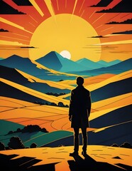 silhouette of a man standing in front of the mountain