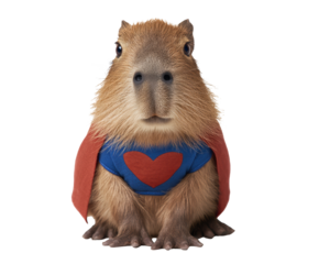 Capybara superhero with a heart cape in playful pose, cut out transparent