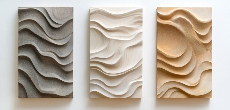 Three rectangular panels feature carved, undulating wave patterns in varying shades of gray, off-white, and beige, creating a textured, minimalist aesthetic