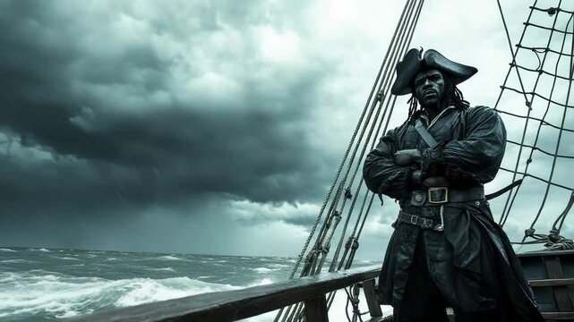 A mysterious pirate stands confidently on a ship's deck against a stormy sea, exuding adventure and intrigue.