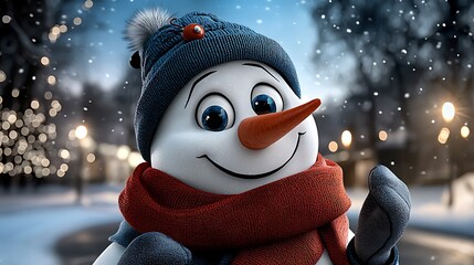 there is a snowman that is wearing a red scarf and a blue hat