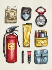 Collection of emergency preparedness items including a fire extinguisher, flashlight, and masks