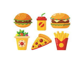 Fast food icons set illustration of burgers pizza fries and soda
