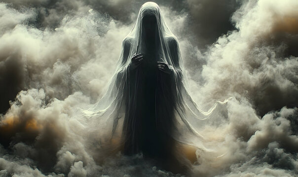 Ethereal, shrouded figure emerging from swirling, dark clouds in a dramatic, moody scene of spectral presence