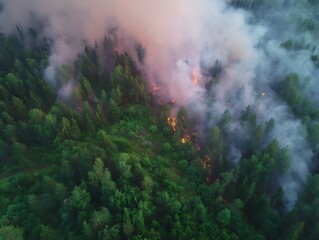High-angle view of Drone shot of a wildfire consuming a green forest.