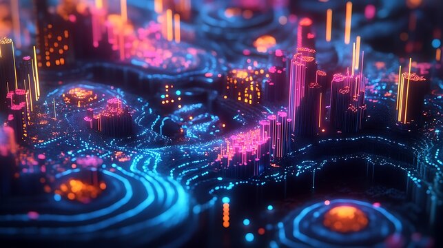 Vibrant circuit topography with radiant glow, showcasing future tech visions
