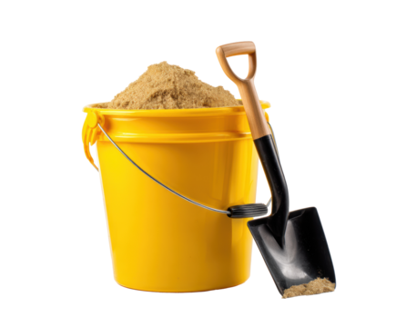 Bright yellow bucket filled with sand and a black shovel, cut out transparent - Powered by Adobe