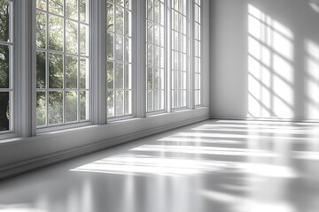 Fototapeta premium Bright sunlight illuminates a modern empty room with large windows and shiny floor