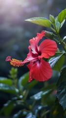 Vibrant red hibiscus flower in lush green foliage