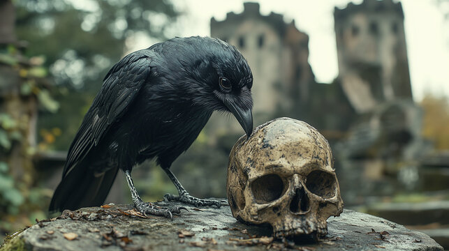 A raven inspects a skull in a desolate castle surrounded by mist and overgrown vegetation
