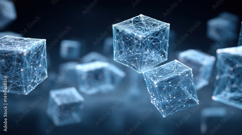 Poster bunch of cubes representing structure and complexity in a decentralized trade zone visualizer concep