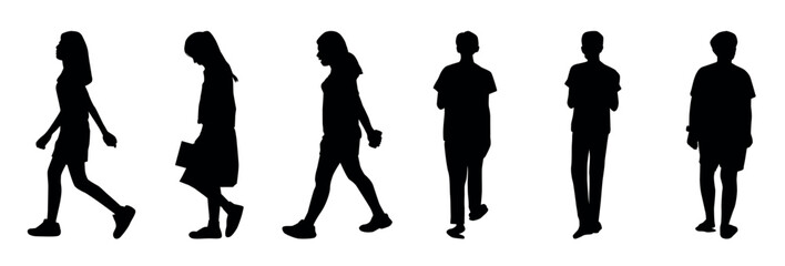 A collection of silhouetted figures walking in various poses, ideal for illustrating movement and lifestyle themes. VECTOR ILLUSTRATION