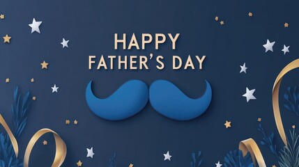 Father's Day Dark Blue 3D Design, Textured Background with White Stars & Gold Ribbons, Leafy Natural Elements, Central White Block "Happy Father's Day" Text, Blue 3D Mustache